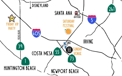 The partial map of Orange County shows the location of the Orange County Ukulele Festival in Southern California near John Wayne Airport on March 24, 2024