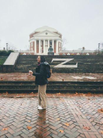 Akimi visiting UVA as a recent grad to finish recording her EP. She stands in front of Thomas Jefferson's Rotunda, a UNESCO World Heritage Site on UVA grounds, located in Charlottesville, VA. Herbal tea in hand, she's ready to record.
