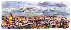 SOLD Turin Italy Panorama Original Watercolors & Ink Painting