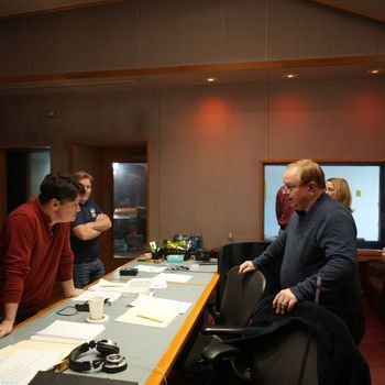 Tom Hemby (guitarist) consults with Paul Leim (drummer) and Steve Mauldin (producer) at Ocean Way Studio, Nashville.

