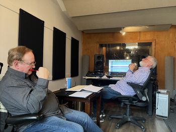 Steve Mauldin (producer) listens to vocal playbacks with Bob Clark (engineer), OmniSound Studios, Nashville.
