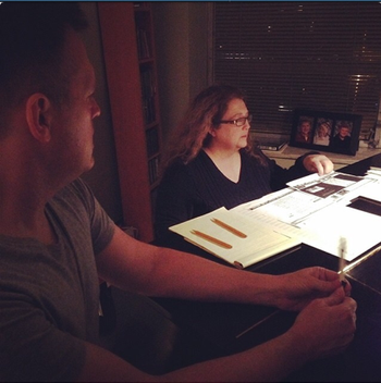 Tracey and Wayne Haun working late at night on arrangements for his debut "Old Soul" Album concert
