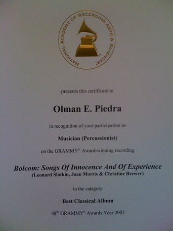 One of the coolest certificates I've gotten! The Grammy-winning Bolcom recording :)
