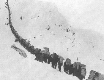 Stampeders climbing the "Golden Stairs" of the Chilkoot Pass
