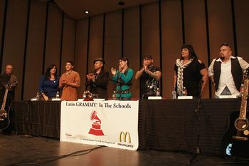 Baby Jay speaks to students along with Frankie J, Jennifer Pena, AB Quintanilla, Selena's sister and Sunny! photo by Peter Larsen @ Wire Images
