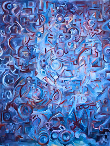 (#) - Abstract Blue Painting with Red and Brown Lines (oil on canvas - 18" x 24" - 2020-2021)
