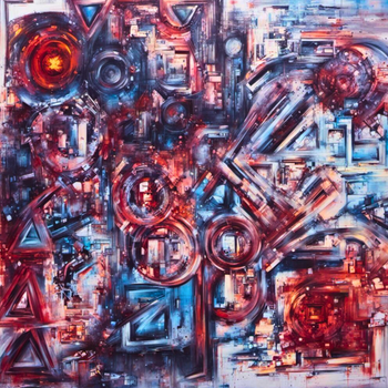 (#) - Red and Blue Abstract (oil on canvas - 14" x 14" - 2018-2019)
