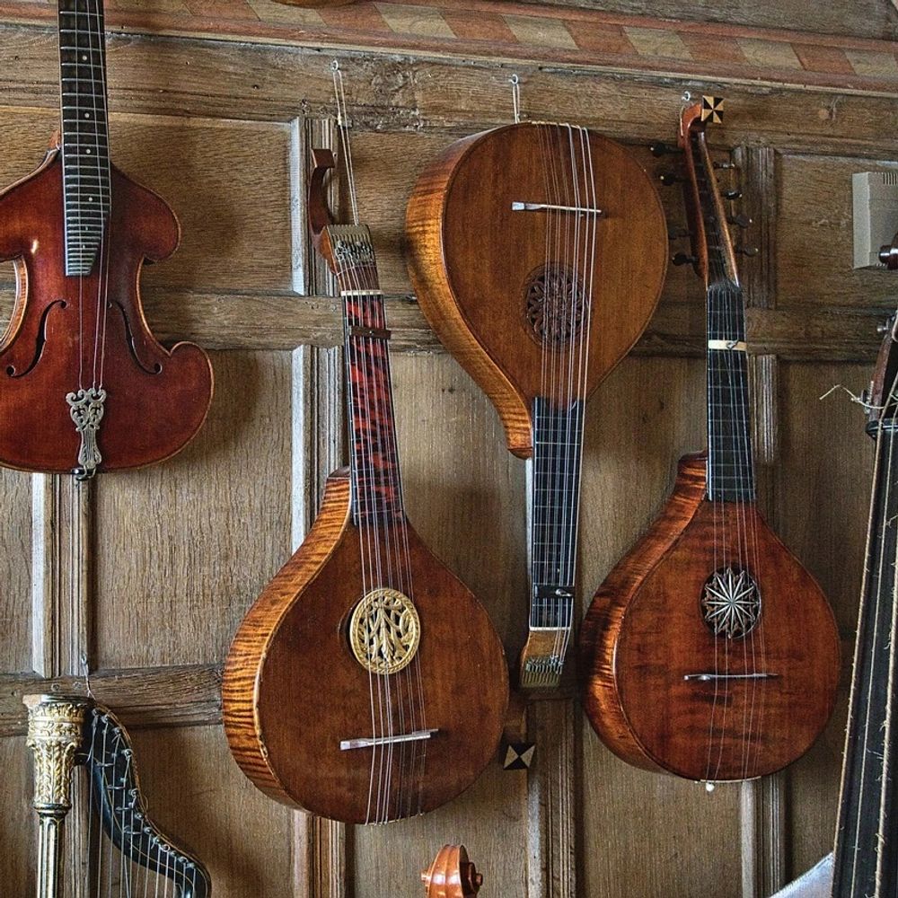 Various musical instruments hanging on a wall