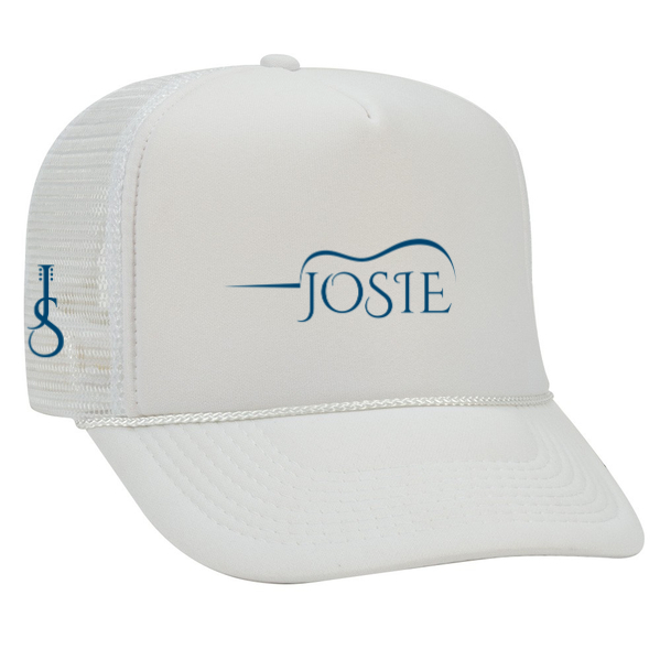 White Trucker Hat with Royal Josie Guitar and JS initials on side - Josie