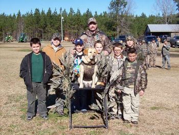 These are some of the "young guns" at the Bull Bay Farms / Wildlife Action Youth Hunt. It was 17 degrees when they left the Lodge for their blinds. Angie, Boone, "Roxy", "Grace" and myself got to take part in a Retriever Demonstration when they came back in.
