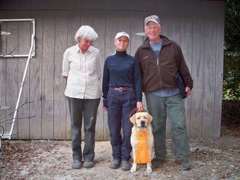 "GRACE" IS A NEW MASTER HUNTER!!!!! Grace earned her Master Hunter Title on Nov. 21, 2010 at the Cooper River Retriever Club Hunt Test. She was judged by Ellison Armfield (L) and Robert Rasco (R). Their test had 3 challenging series which made the qualifying score even sweeter. Congrats to Angie on taking Grace from a little pup to a Master Hunter all on her own.
