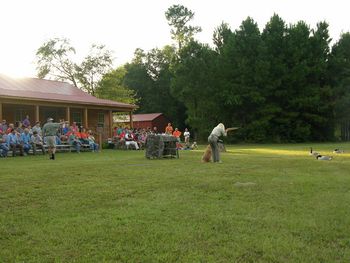 During the presentation Wally narrates as Angie handles the dogs. A PA system is used so that everyone can hear and understand what they are seeing.
