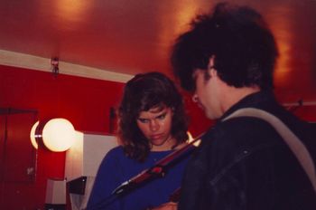 Oslo, Norway, 1988 Sardines dressing room. Marc shows Laurie the basics for Wrong Way to Hollywood.  Photo by Gail Holland

