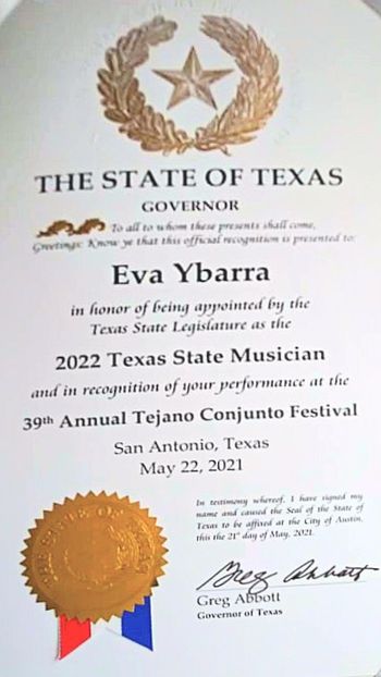Official governor recognition of Eva Ybarra being named the 2022 Texas State Musician.
