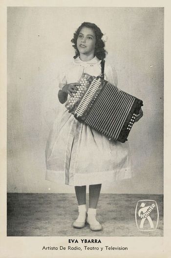 A promotional photo taken of Ybarra when she appeared on local TV in Crystal City, Texas. She accompanied her sisters, Lily and Gloria. Eva had their own duo by the name of Las Hermanitas Ybarra.
