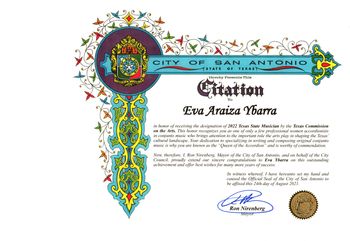 Citation by the City of San Antonio in recognition of Eva Ybarra being named the 2022 Texas State Musician.
