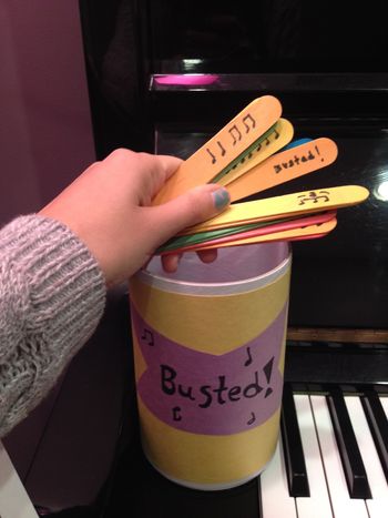 Busted! rhythm game idea I learned from Pinterest - draw rhythms onto popsicle sticks, draw "BUSTED!" on one of them, put them in a jar, and then pick one out at a time & clap/play that rhythm until someone gets "BUSTED!" My kids love this.
