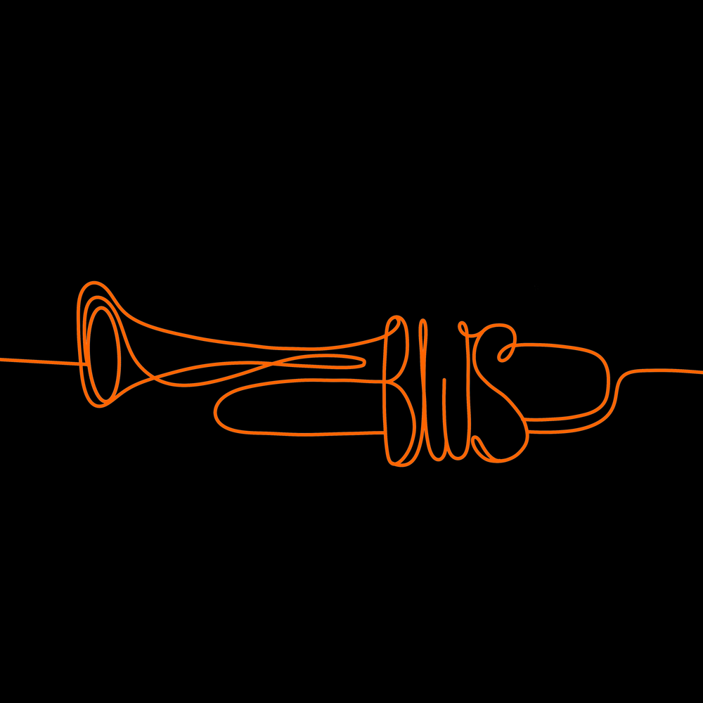 Continuous line drawing of a trumpet with initials BWS | logo for Brenner Wayne Schmitt, musician and teacher in Dallas-Fort Worth.