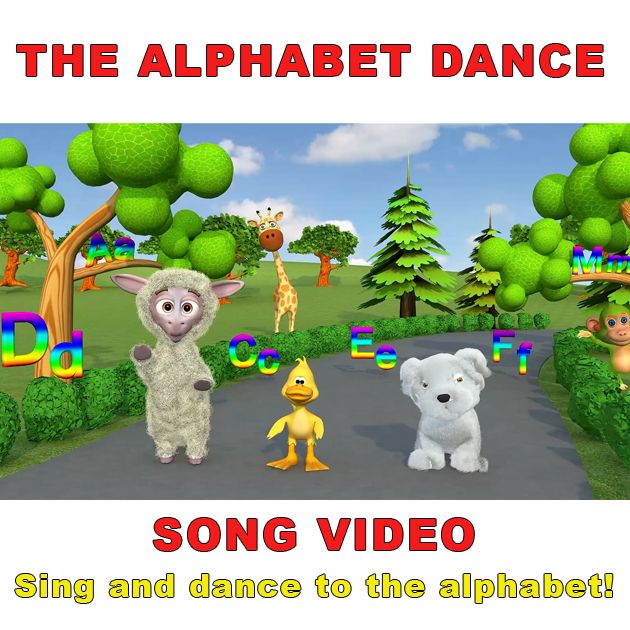 Image from The Alphabet Dance video by Rainbows and Sunshine, showing alphabet letters and animals.