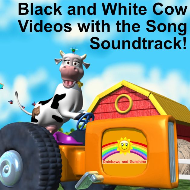 Black and White Cow animated videos with the song soundtrack. Image of cow driving the tractor.