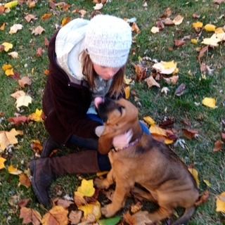 Betsy Lou (purple/yellow collar) and Kat, her new owner, enjoying their first afternoon together! 10/26/12
