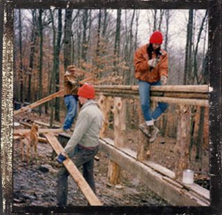 Beginning cabin, left to right: Dad (Bill James), Frank James, & Mary James
