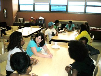 Cast members Tracy and Starr work with their groups during a Realize Your Beauty Workshop with Girls Inc. of New York City. June 2, 2012; Brooklyn, NY.
