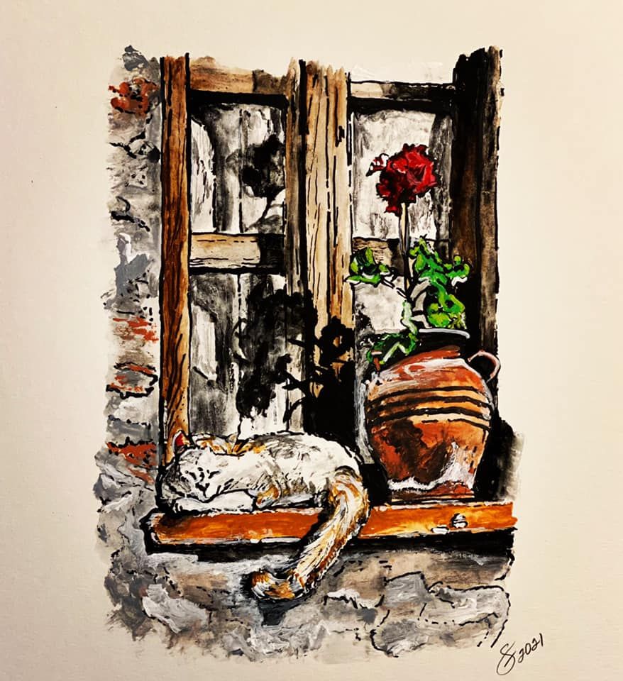 Sleeping Cat with Potted Plant  11" x 15" Ink/Acrylic on Watercolor Paper  $150.00