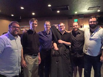 August 27, 2015: Post gig hang out at Joe Henderson tribute at Bears Place.  From L to R: Cam Collins, Tom Walsh, Luke Gillespie, Joel Kelsey, BJ Cord, and Michael Eaton.
