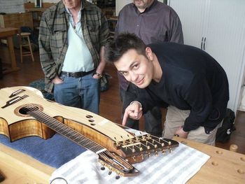 Checking out Andy McKee's new harp guitar at Mike Greenfield's workshop in Montreal
