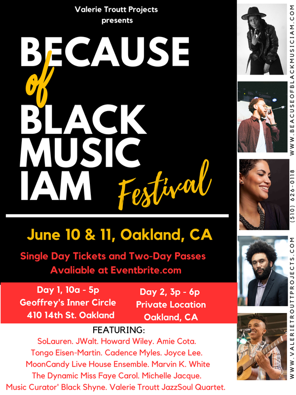 Because of Black Music IAM (BOBM), is a two-day music festival in celebration of Black Music Month being held on June 10th and 11th, 2023.  BOBM is a soulful conversation piece developed to bring together local artists, industry professionals, and the community to make connections and create awareness about the impact of Black music and the need to establish new music industry infrastructures ensuring the longevity of not only Black music but Black Artists. 

The festival will include an artist’s Soulfood brunch, a mixer, a panel, and two live music concerts.  This festival has been made possible by grants and donations from The Akonadi Foundation, The Eastbay Community Fund, The African American Art and Culture Complex SF, and The Queer Cultural Center of San Francisco, ca. 
