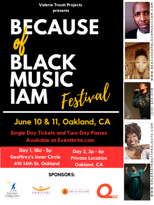 The festival will include a Soulfood brunch, an artists’ mixer and panel, and two live music concerts on June 10th and 11th.  This festival has been made possible by grants and donations from The Akonadi Foundation, The Eastbay Community Fund, The African American Art and Culture Complex SF, and The Queer Cultural Center of San Francisco, ca. 

June 10th, 2023 - Day 1, 12:30 pm-2 pm The artist’s panel includes Ethnomusicologist Dr. Niva Flor, Author Andrew Gilbert, Entrepreneur Bosco of HIWAA, Pianist, and Oakland School for the Arts Choral director Cava Menzies, Jay Whittington Berkeley Unified Performing Arts Diversity Equity Inclusion Specialist and Joi Rhone Artist Manager and Event Promoter. The panel will be hosted by Artivist Preston Justice. Music curation by Blak Shyne.

2-5 pm The concert includes SF Poet Laureate Tongo Eisen-Martin, Vocalist The Dynamic Miss Faye Carol, Singer SoLauren, Rapper JWalt, Saxophonist Howard Wiley, and Valerie Troutt’s MoonCandy Live Music Ensemble.  Comedian Micia Mosely will host the concert.

June 11th, 2023 - Day 2, Concert lineup includes Singer-songwriter Amie Cota, Poet Marvin K. White, Singer-songwriter Cadence Myles, and The Valerie Troutt JazzSoul Quartet featuring Poet Joyce Lee.  Hosted by Vocalist Tiffany Austin 
