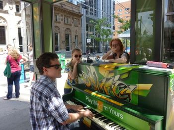 Play Me, I'm Yours at Queen/Yonge St, joined by Gail Roberts and Chloe Watkinson. July 2012.
