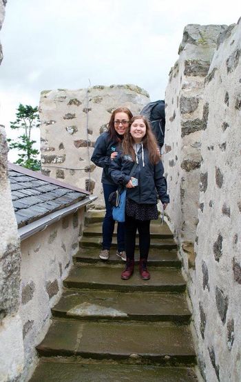 Ivonne & Hannah at Drum Castle tower
