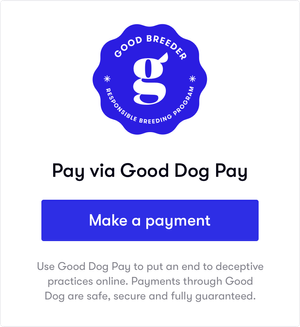 Click on this button to make a secure payment right through GOOD DOG 
This is a way to pay for a puppy that you will know is not a scam.