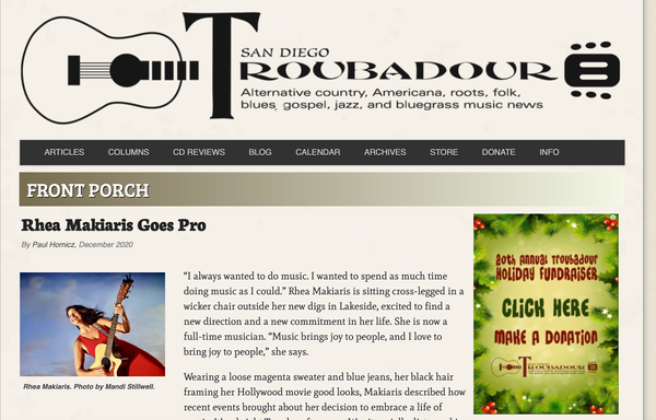 Rhea was a featured artist in the San Diego Troubadour! Click on the photo to read the full article.