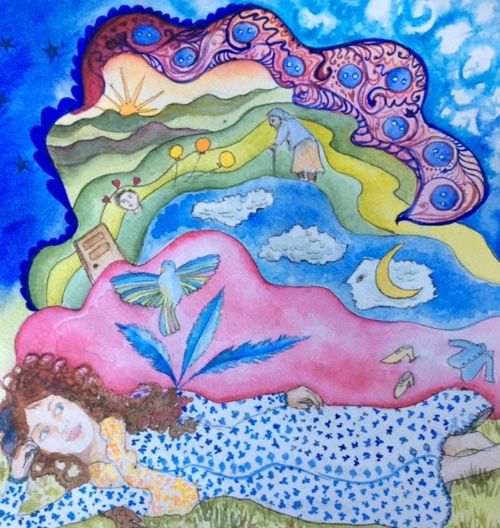 As a part of the 2016 FAR-West folk collaboration Now See Hear, I offered "Hannah Dreams" inspired by the painting above by Julie Maccarin, San Francisco which itself was inspired by a song by Jean Mann "Button in the Grass".  A beautifully braided tapestry of mutual inpiration.  