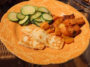 Haloumi, zucchini with garlic & roasted sweet potatoes