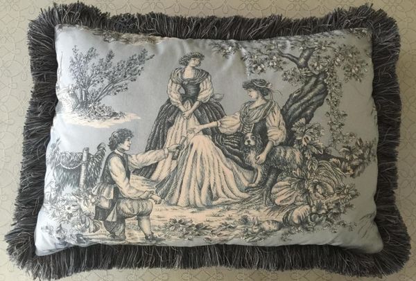 Fabricated from the famous Charles Faudre "Cavalier Toile" fabric with coordinating velvet back, brush fringe and down fill.
Pillow is also available in Blue and White.
22" x 15"
$250.00
credit cards accepted