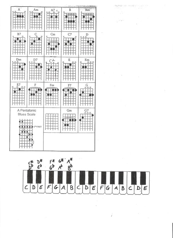 Guitar students of Steve Hacker will need to learn the guitar chords on this chart, ESPECIALLY and FIRSTLY, D, C2, and G!!! Also, ASAP, learn the notes of the piano forward and backward, EVEN IF YOU ARE A GUITAR STUDENT! Feel free to download or print this image... Thanks! Steve Hacker