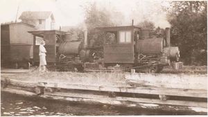 A snapshot like many others in family albums of the day. The two original Porter-built engines Nos. 1 and 2 are waiting with their train for the ALGONQUIN steamboat to arrive from Huntsville for their daily trip "over the hill" to South Portage. 1930s. Nels McFarland family album.
