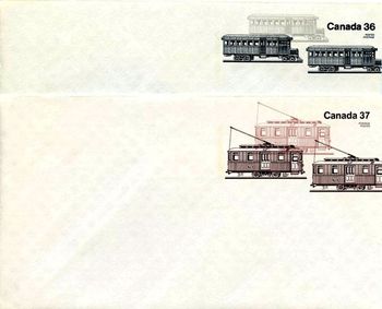 Pre-paid envelopes. With respect to the lower envelope, the reverse advises: Built by Ottawa Car Mfg. Co. Ltd. in the early 1900s, street car 423 was specifically designed as a mail-handling car. The vehicle was 36½ feet long, 10½ feet high and eight feet wide. It was converted to a wrecking car about 1912 and later equipped as a sand car
