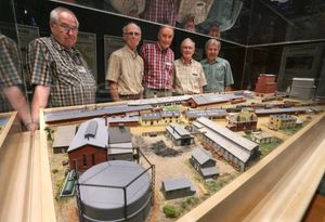 The Bluewater Modellers L to R: Stan McClellan, Brian Swanton, Mike Marshall, Clive Morgan, Tom Hakala - photo by James Masters of the Owen Sound Sun-Times - at the Grey Roots Museum & Archives