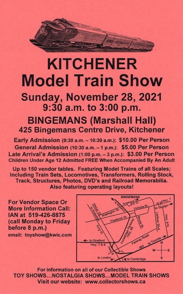 Kitchener Model Train Show and Sale Bingemans Marshall Hall Nov 28