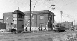 This view of the north end of the Ferguson Avenue, Hamilton, Ontario freight shed, featured on page 46 of my award-winning Hamilton's Other Railway, illustrates the design of the freight office and the nearby Barton Street crossing tower. The Sirman Collection.