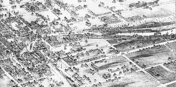 Bird's Eye View map, Lindsay, Ont. 1875, showing the original PHL&B entry and its facilities at Lindsay, and the later extension to Beaverton and beyond, across the Scugog River by means of a swing-bridge, which was abandoned in in 1883 and removed in 1887.