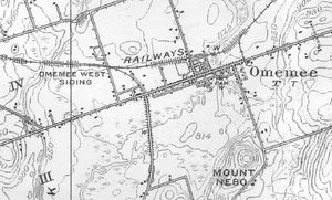 This DND 1931 topographical map shows the original right of way of the Port Hope, Lindsay & Beaverton Railway ("the Old Road") coming north from Millbrook and swinging to the west on that side of Omemee.