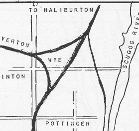 In 1883, the Midland Railway reconfigures the routes through Lindsay and the swing-bridge across the Scugog is abandoned. The wye formation is now reconfigured to route eastbound traffic from the former Victoria Railway mainline.  This lasts until 1907 when the successor Grand Trunk Railway builds a more direct line to Midland from downtown Lindsay.