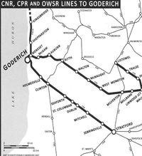 Map - Railways in Perth and Huron. "Rails to Goderich" by Hooton Thorning Mull and Beaumont p 326 