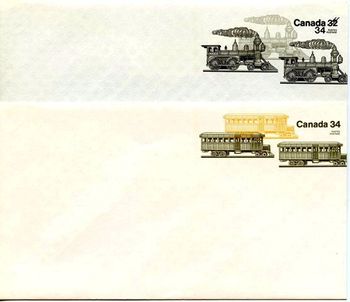Pre-paid envelopes. With respect to the lower envelope, the reverse advises: Faced with increasing competition from highway transport after the 1914-18 war, railway companies began to acquire more economical self-propelled rail cars. This six-cylinder gasoline-powered car, built by the Ledoux-Jennings Company of Montreal, carried mail, baggage, and passengers on the Temiscouata Railway from 1933 to the early 1940's
